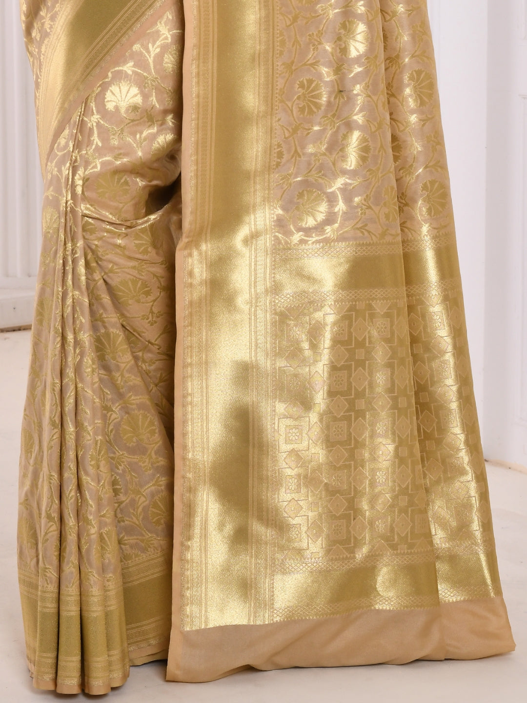 Cream Banarasi Silk Brocade Golden Zari Woven Embellished Saree