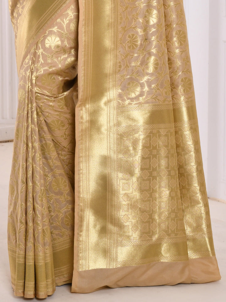Cream Banarasi Silk Brocade Golden Zari Woven Embellished Saree