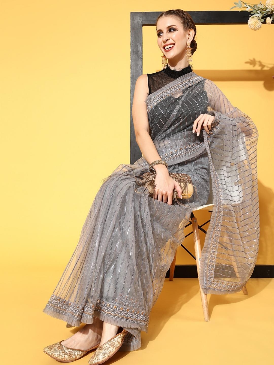 Grey Metallic Sequin Embellished Net Saree With Pleated Border