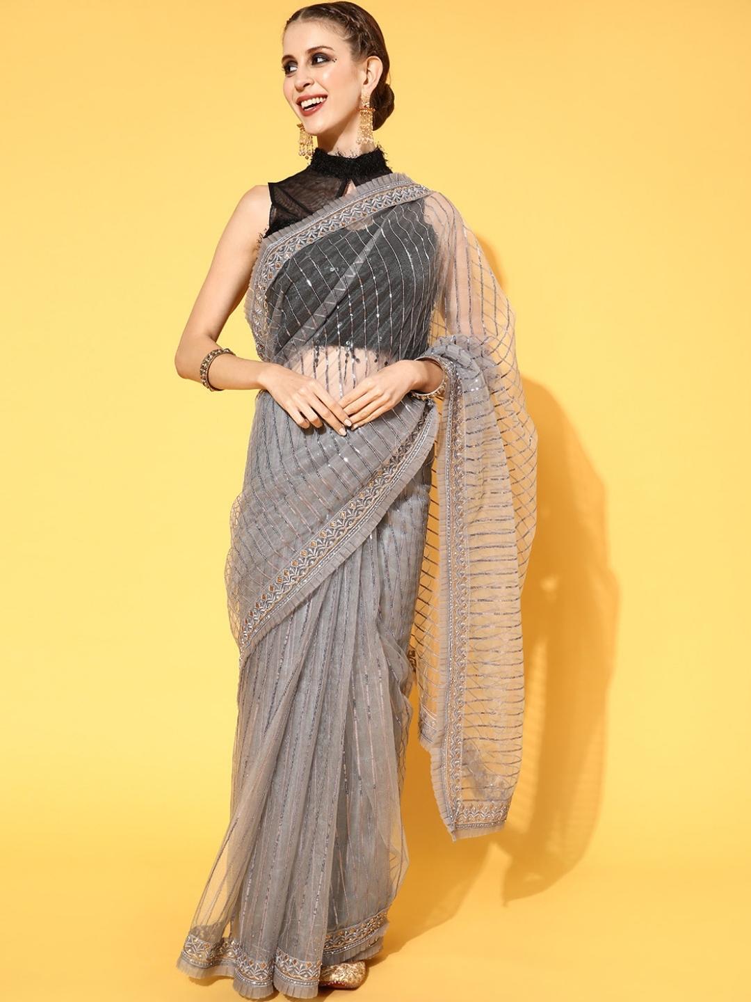 Grey Metallic Sequin Embellished Net Saree With Pleated Border