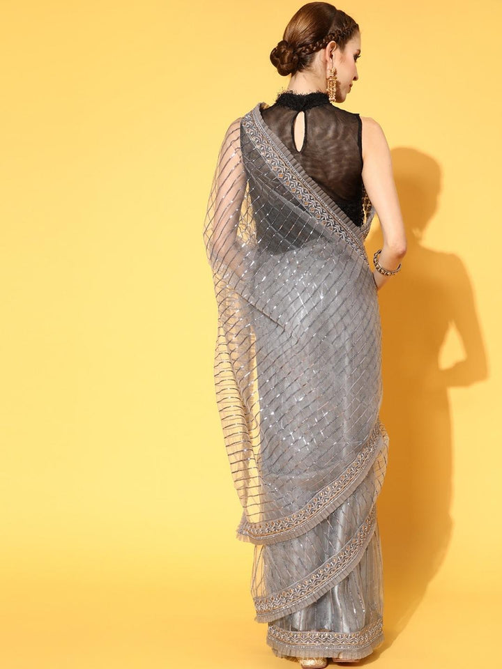 Grey Metallic Sequin Embellished Net Saree With Pleated Border