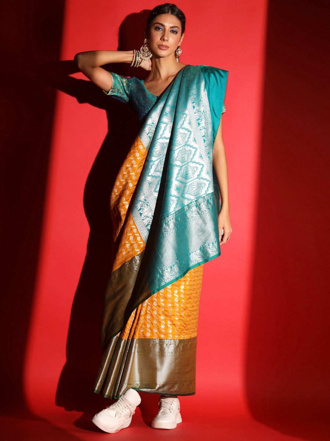 Yellow Banarasi Silk Saree with Silver Zari Motifs & Contrast Border