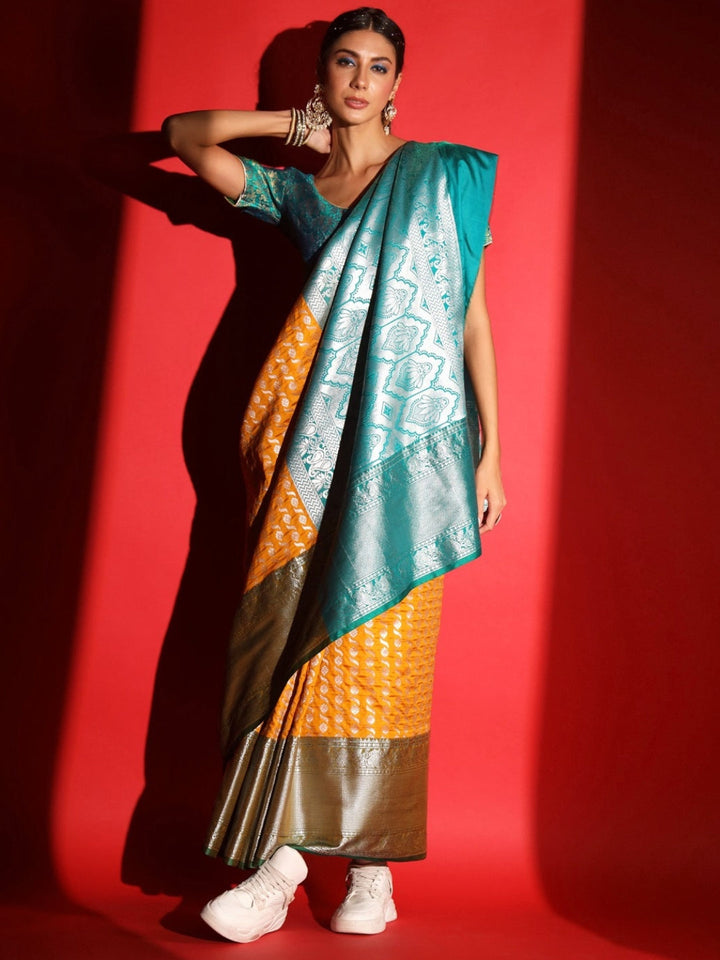 Yellow Banarasi Silk Saree with Silver Zari Motifs & Contrast Border