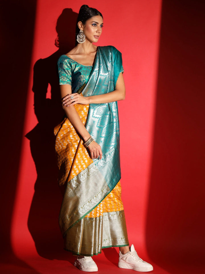 Yellow Banarasi Silk Saree with Silver Zari Motifs & Contrast Border