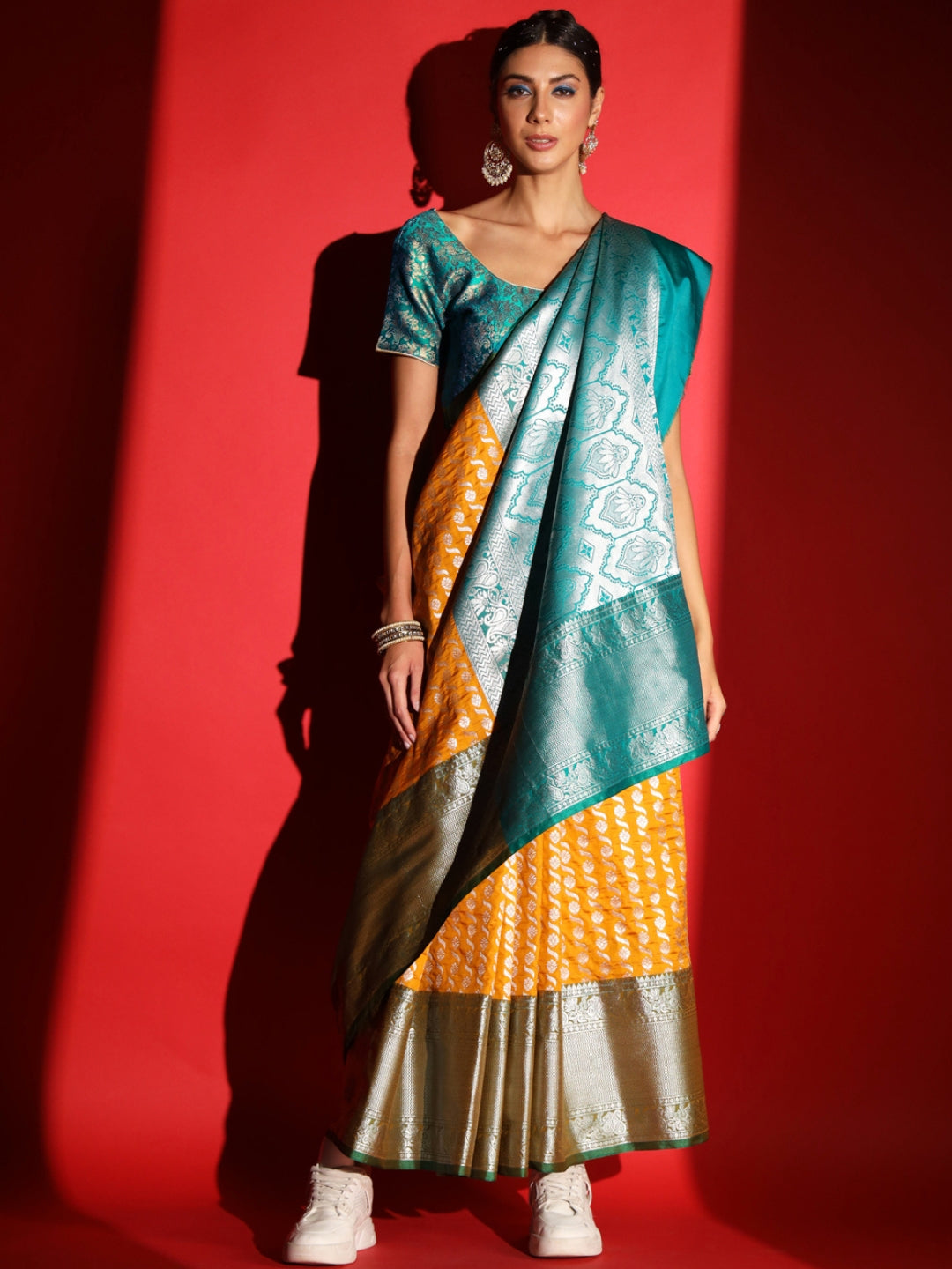 Yellow Banarasi Silk Saree with Silver Zari Motifs & Contrast Border