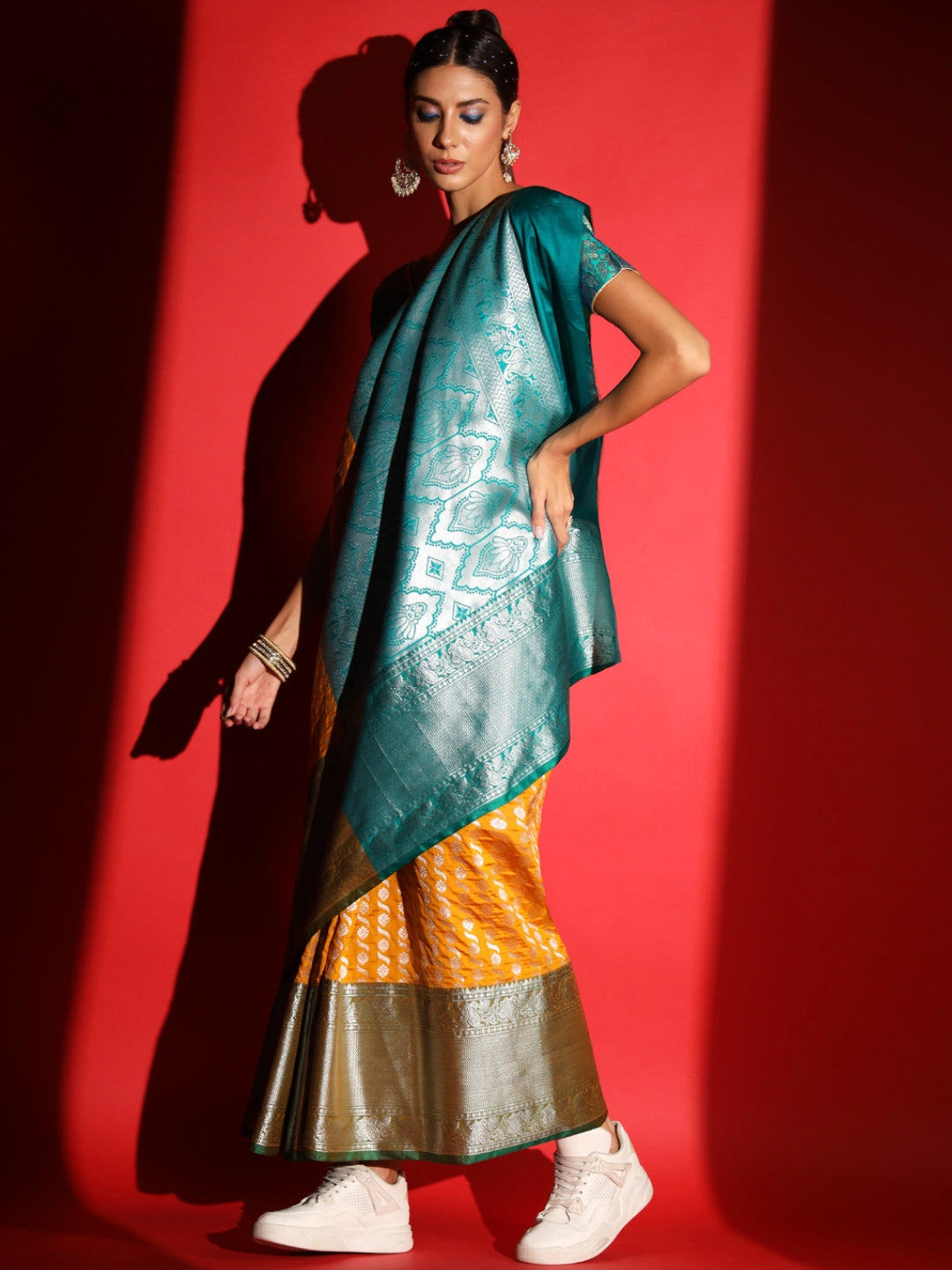 Yellow Banarasi Silk Saree with Silver Zari Motifs & Contrast Border