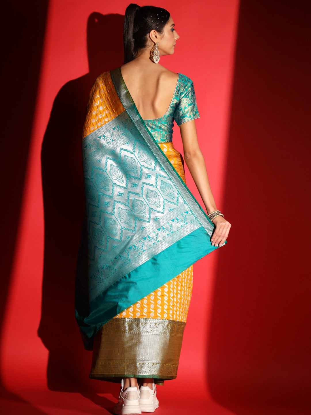 Yellow Banarasi Silk Saree with Silver Zari Motifs & Contrast Border