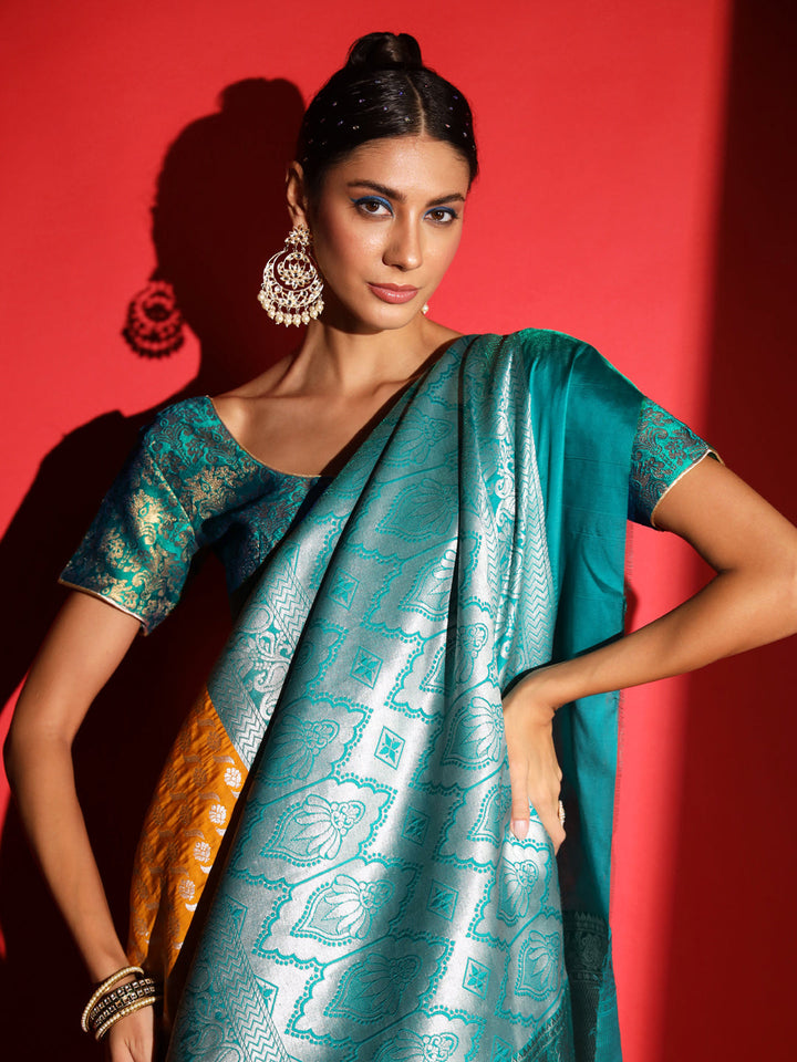 Yellow Banarasi Silk Saree with Silver Zari Motifs & Contrast Border