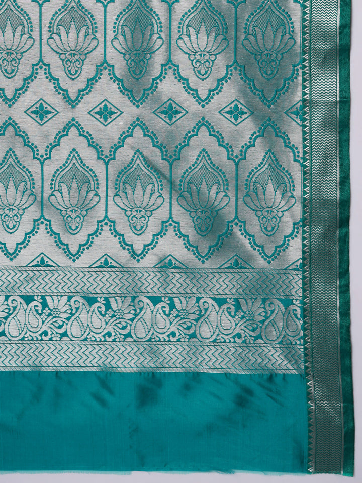 Yellow Banarasi Silk Saree with Silver Zari Motifs & Contrast Border