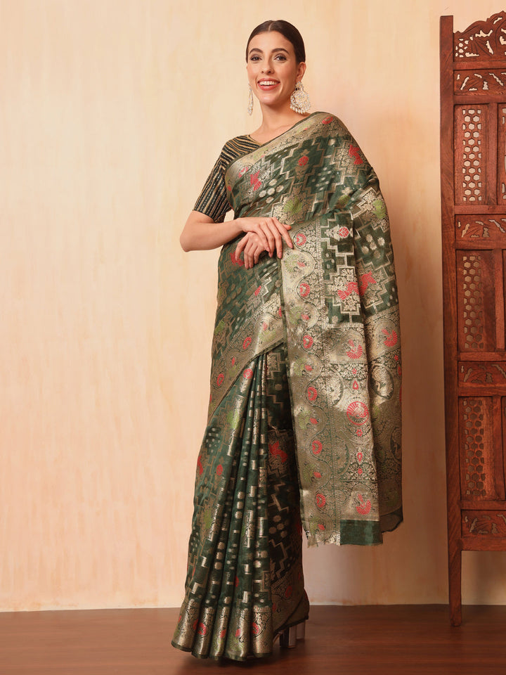 Green Resham Meenakari Traditional Chanderi Silk Saree