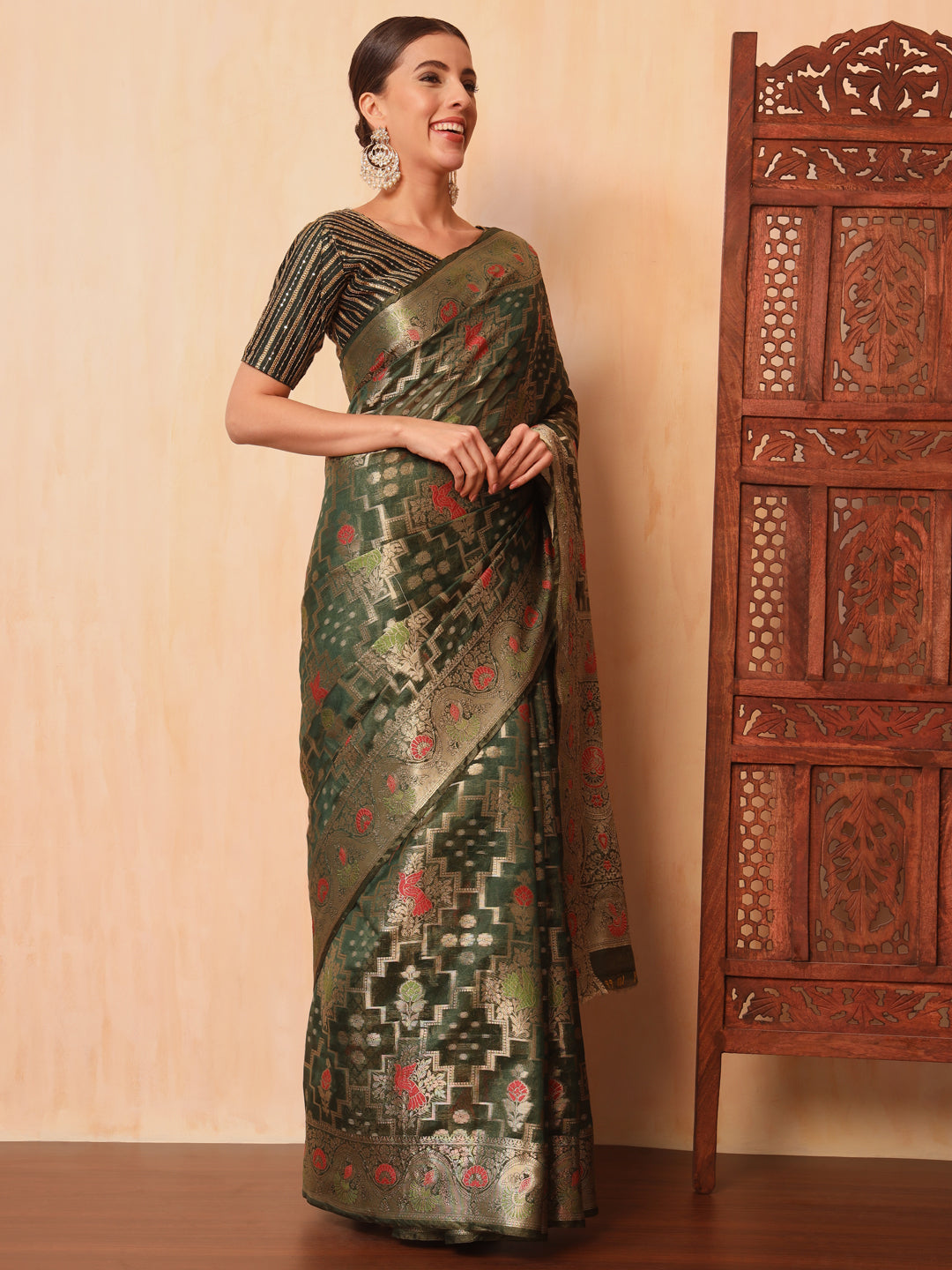 Green Resham Meenakari Traditional Chanderi Silk Saree