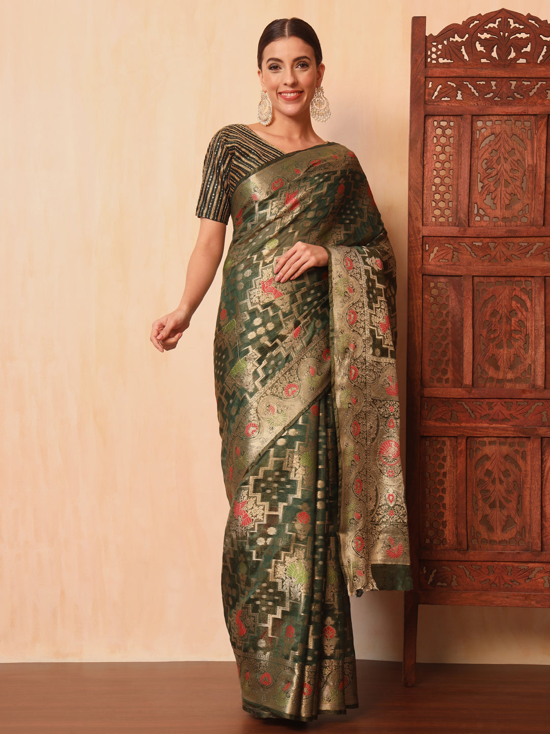 Green Resham Meenakari Traditional Chanderi Silk Saree