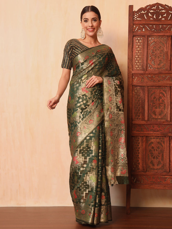 Green Resham Meenakari Traditional Chanderi Silk Saree