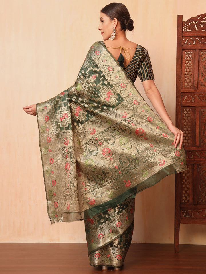 Green Resham Meenakari Traditional Chanderi Silk Saree