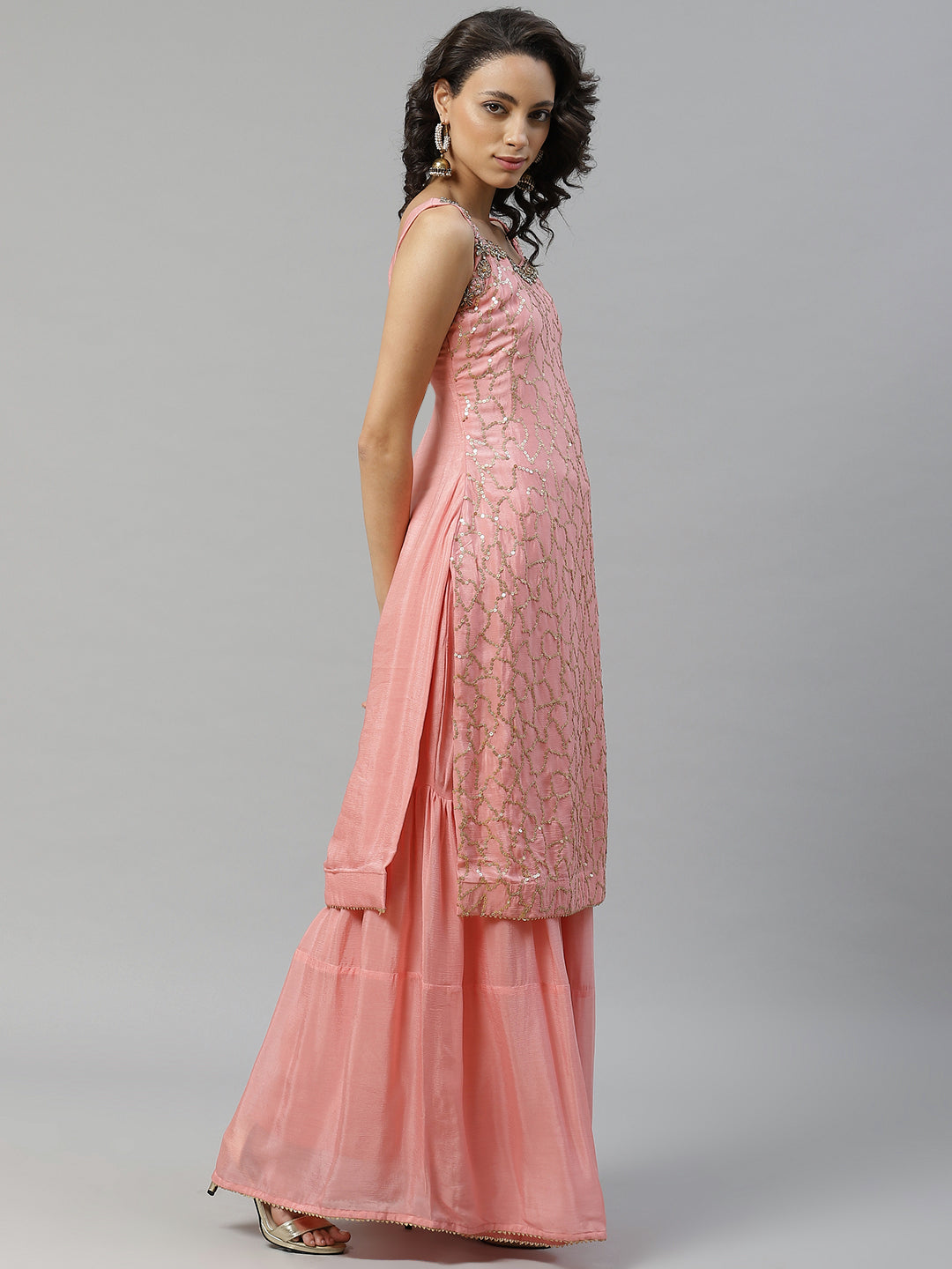 Made to Measure Pink Sequinned Crepe Kurta Sharara Set with Net Embroidered Dupatta