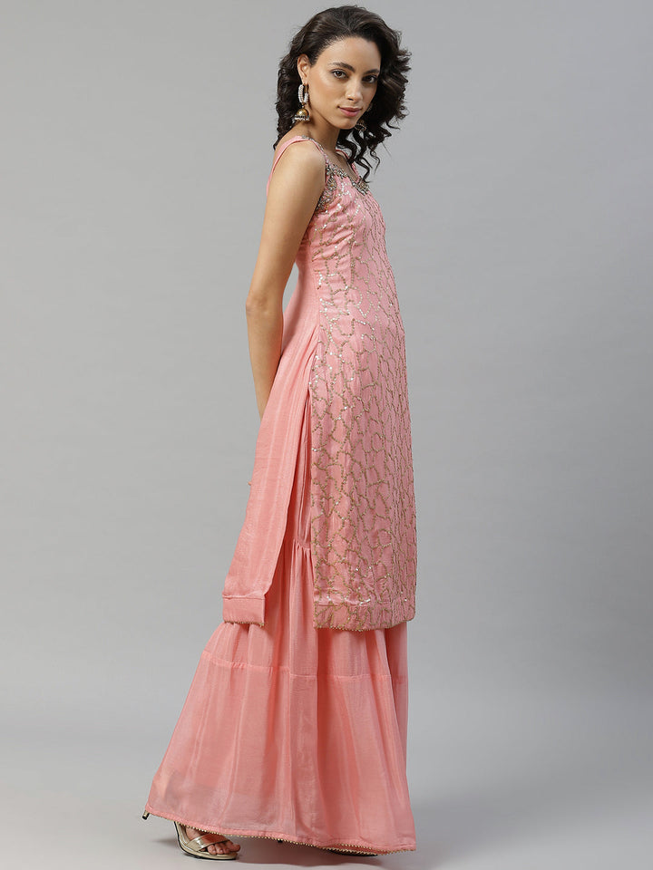 Made to Measure Pink Sequinned Crepe Kurta Sharara Set with Net Embroidered Dupatta