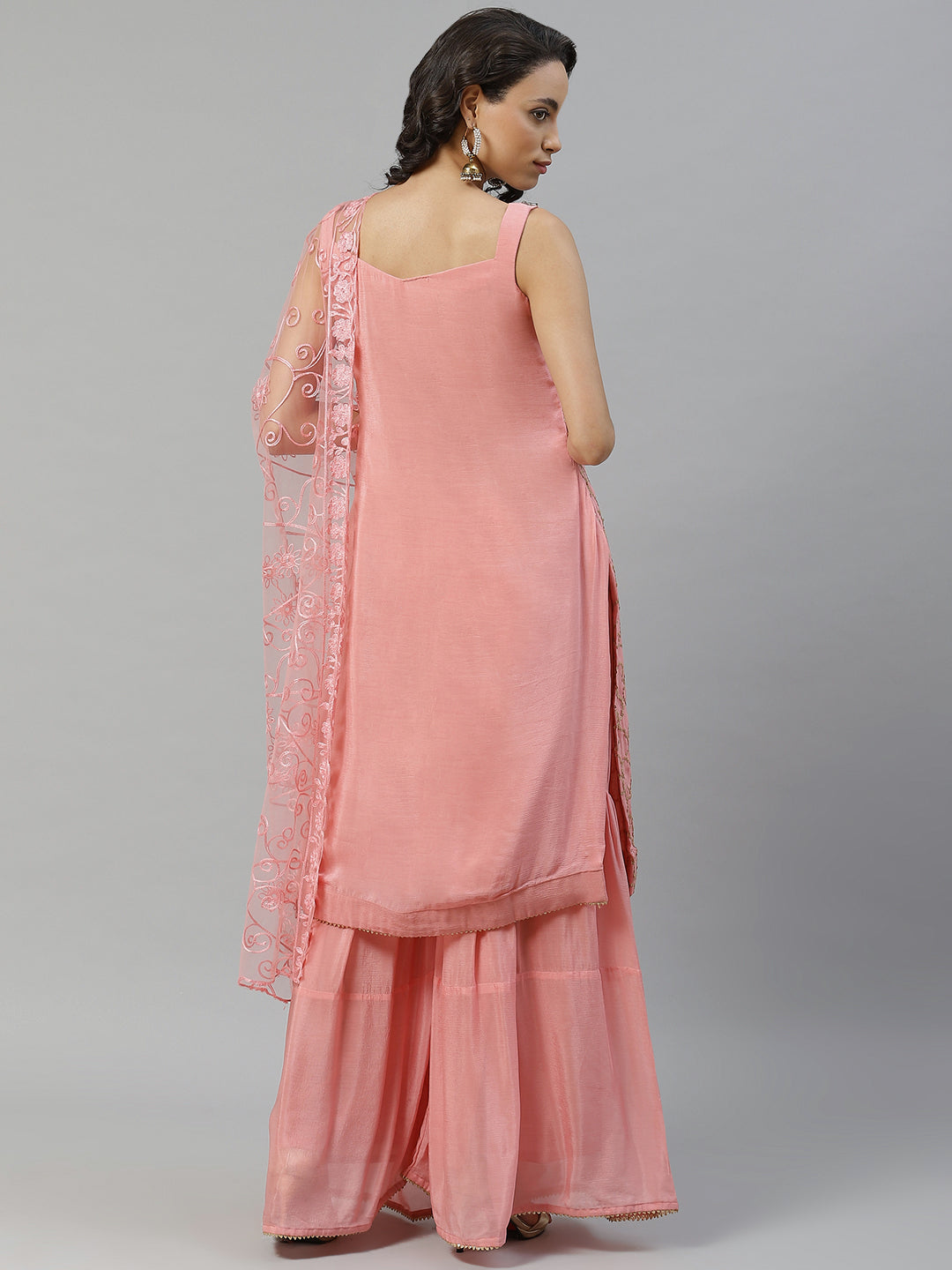 Made to Measure Pink Sequinned Crepe Kurta Sharara Set with Net Embroidered Dupatta
