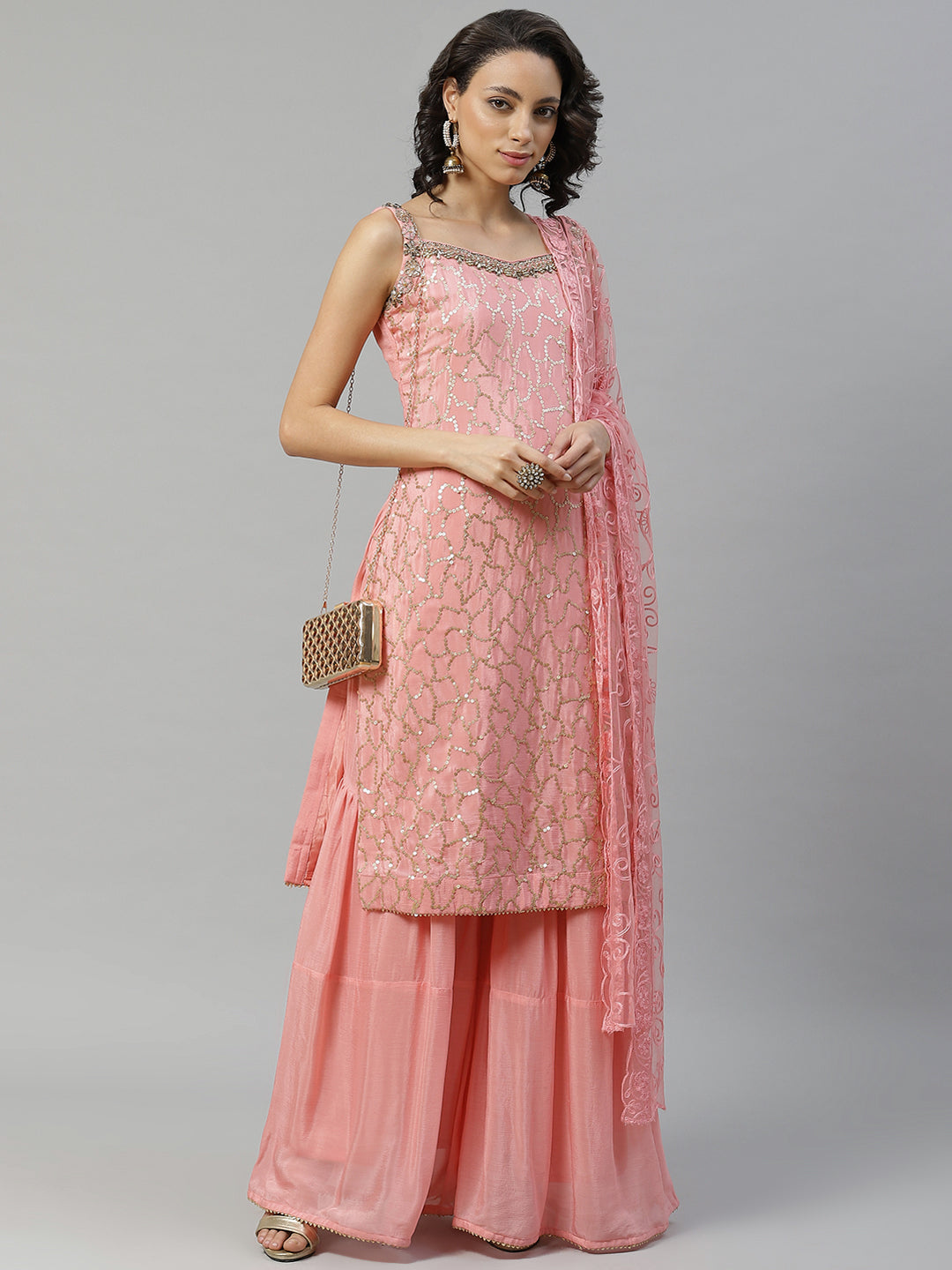 Made to Measure Pink Sequinned Crepe Kurta Sharara Set with Net Embroidered Dupatta