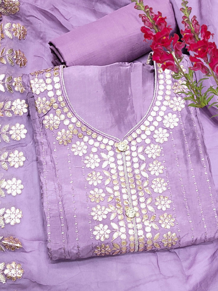 Gota Patti & Resham Embroidery Semi-stitched Punjabi Suit with Striped Sequinned Pattern