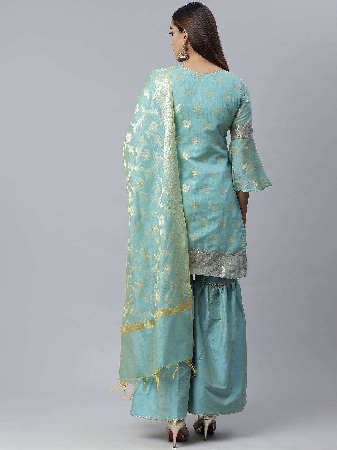 Banarasi Kurta Set with Zari meenakari Floral weaving and Handloom dupatta