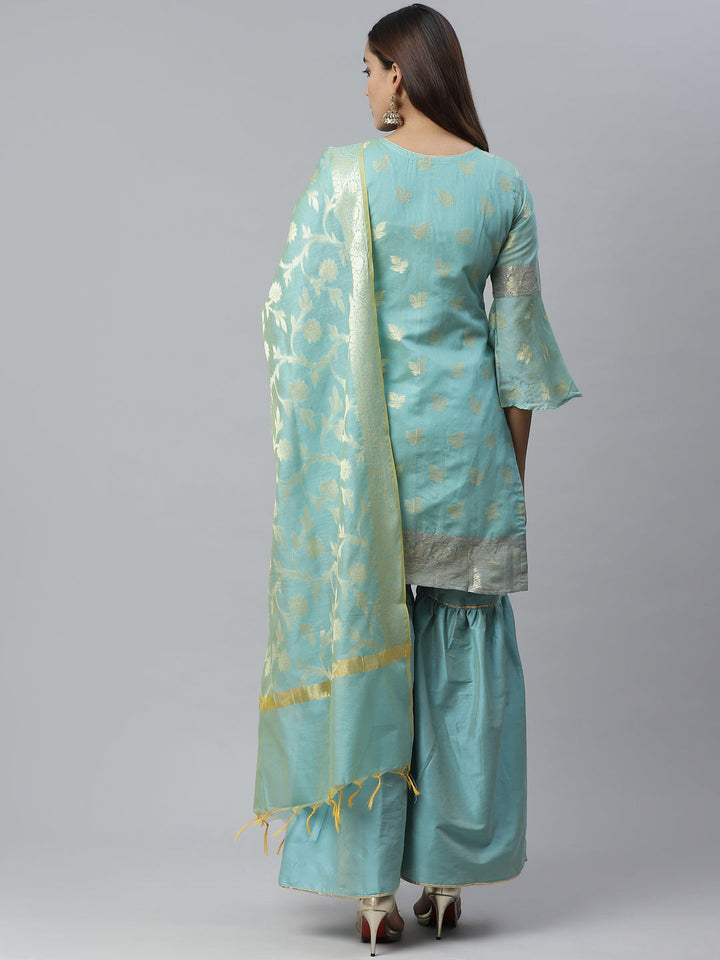 Banarasi Kurta Set with Zari meenakari Floral weaving and Handloom dupatta