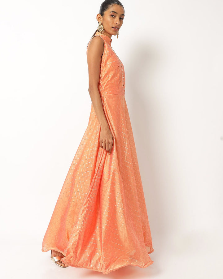 Flowing Banarasi Woven Gown with Gold Embellished Dupatta & Ethnic Buttons
