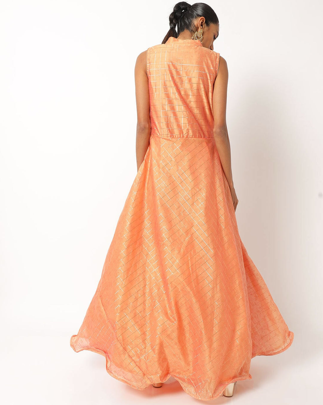 Flowing Banarasi Woven Gown with Gold Embellished Dupatta & Ethnic Buttons