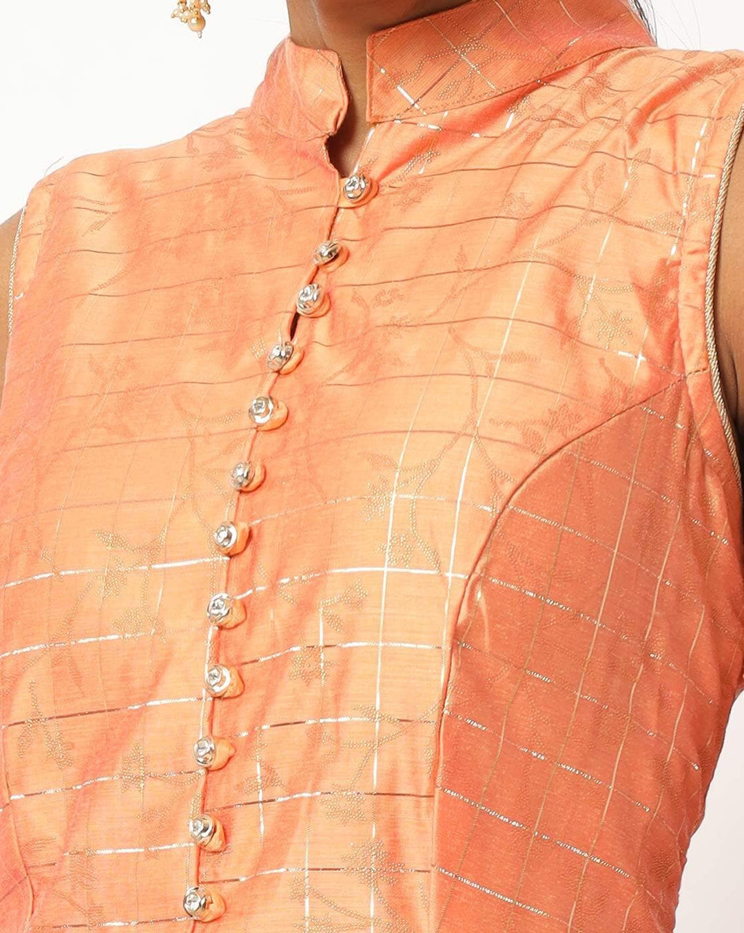 Flowing Banarasi Woven Gown with Gold Embellished Dupatta & Ethnic Buttons