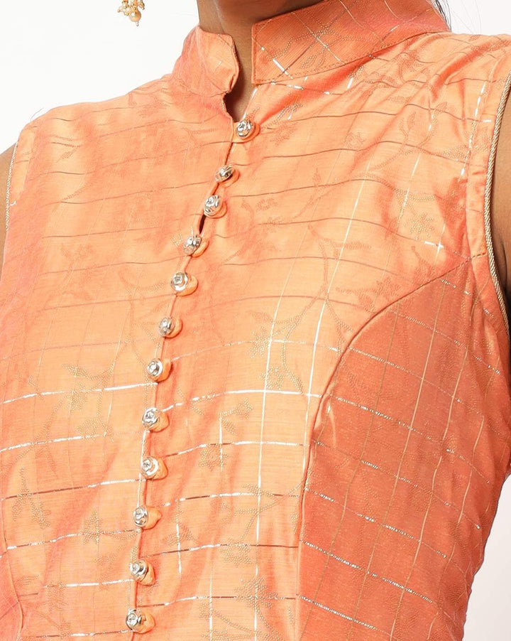 Flowing Banarasi Woven Gown with Gold Embellished Dupatta & Ethnic Buttons