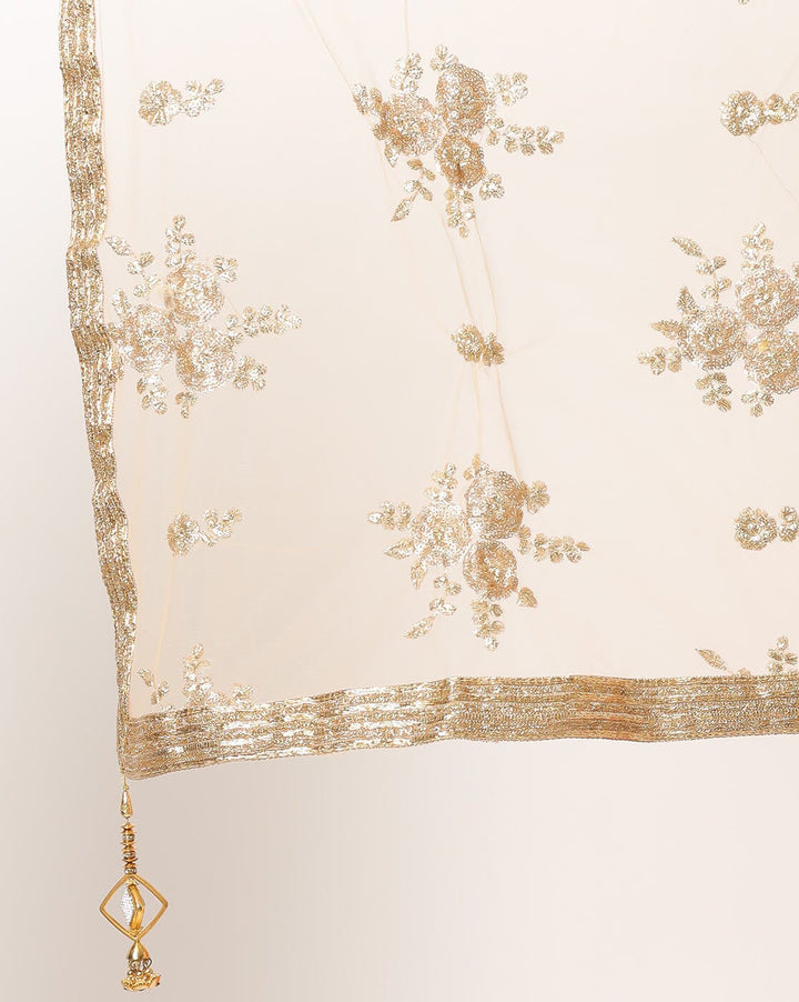 Flowing Banarasi Woven Gown with Gold Embellished Dupatta & Ethnic Buttons