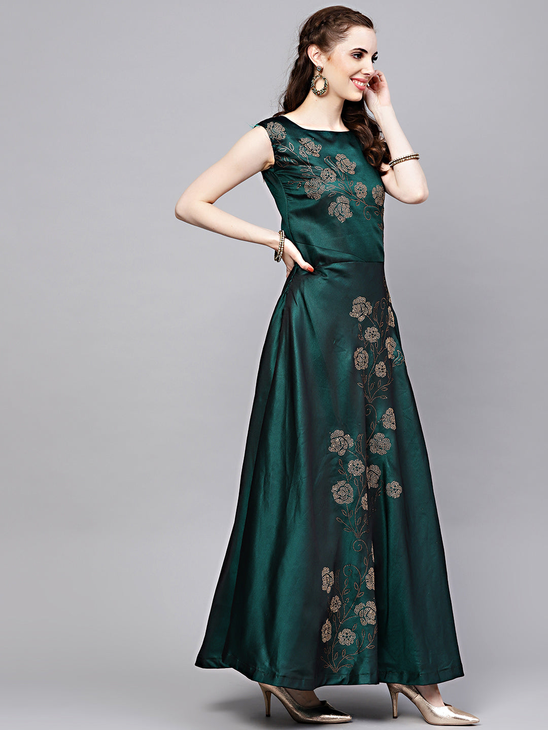 Crystal Embellished Silk Flared Suit in Floral Pattern