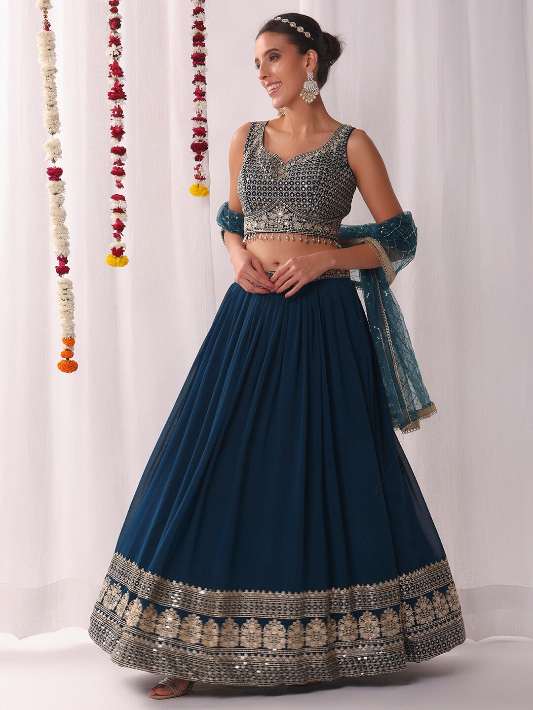 Flared Georgette Lehenga Set wtith Choli Cut Tasseled Bouse & Sequinne ...