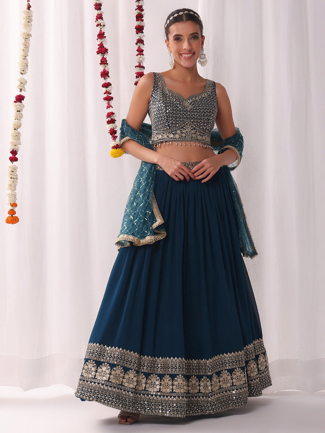 Flared Georgette Lehenga Set wtith Choli Cut Tasseled Bouse & Sequinned Dupatta