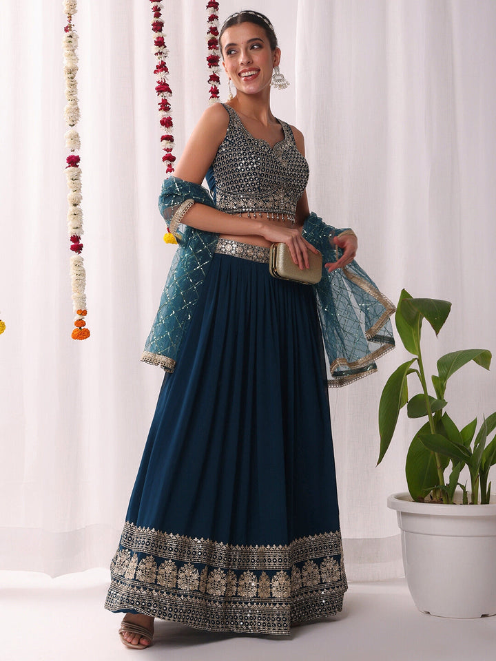 Flared Georgette Lehenga Set wtith Choli Cut Tasseled Bouse & Sequinned Dupatta