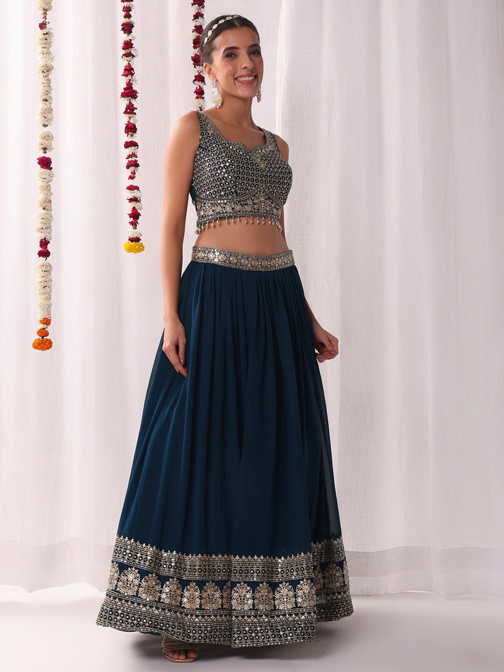 Flared Georgette Lehenga Set wtith Choli Cut Tasseled Bouse & Sequinned Dupatta