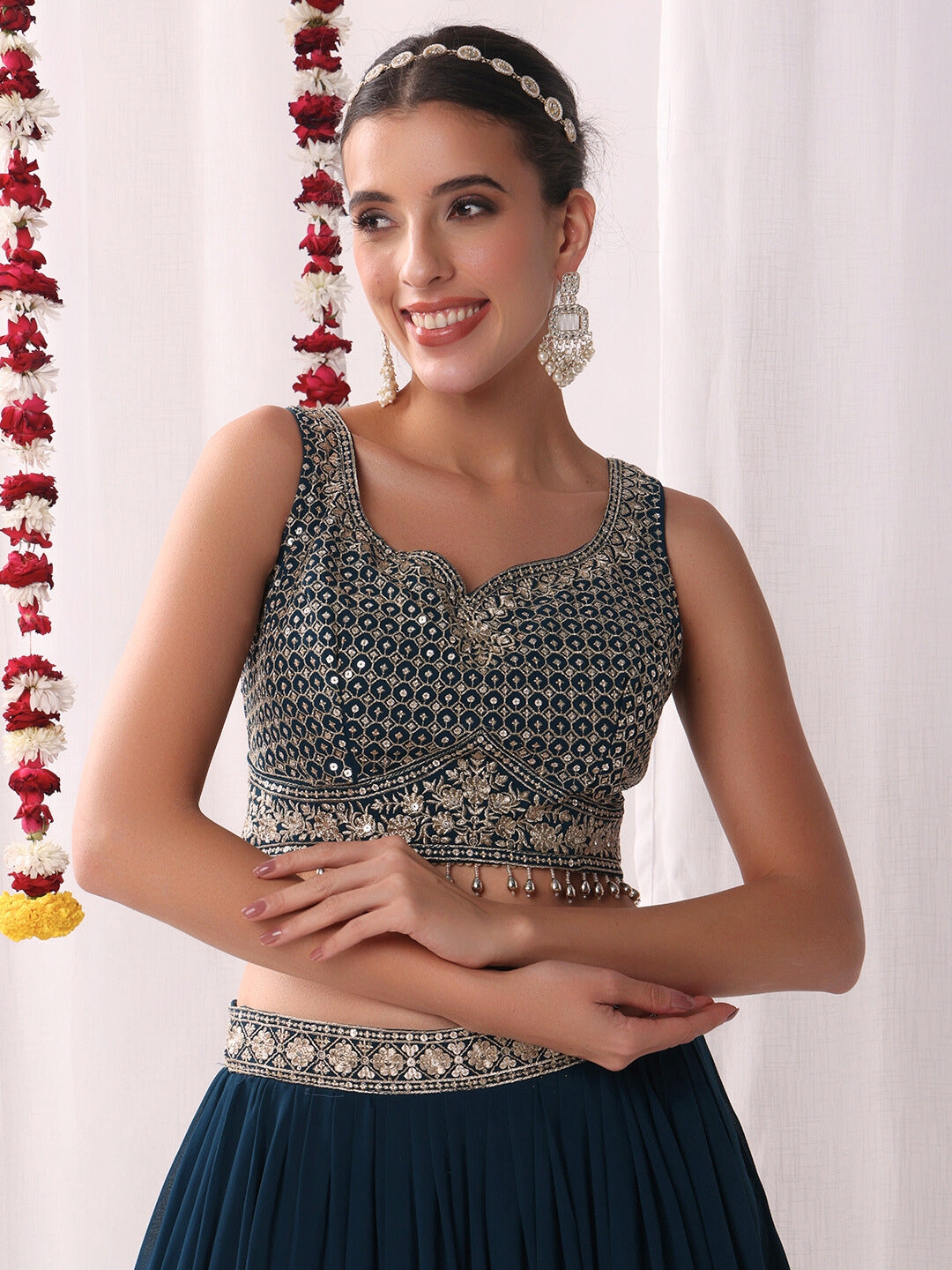 Flared Georgette Lehenga Set wtith Choli Cut Tasseled Bouse & Sequinned Dupatta