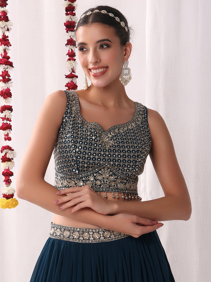 Flared Georgette Lehenga Set wtith Choli Cut Tasseled Bouse & Sequinned Dupatta