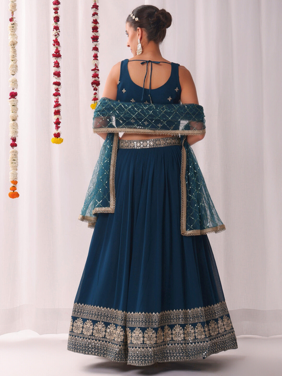 Flared Georgette Lehenga Set wtith Choli Cut Tasseled Bouse & Sequinned Dupatta