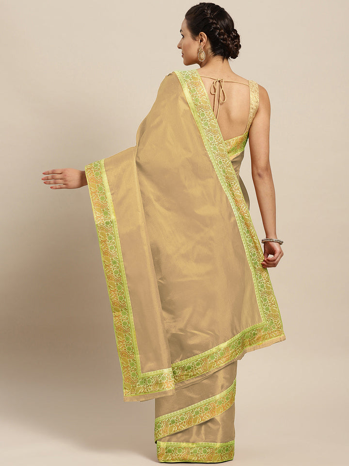 Beige Solid Tussar Saree with Meenakari Brocade Border