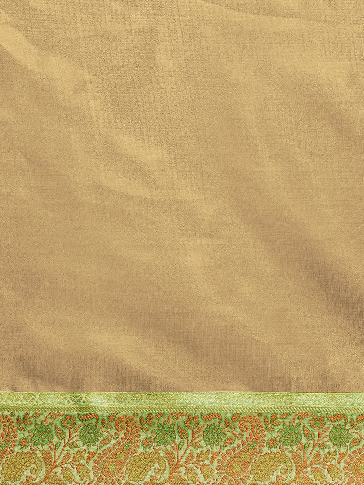 Beige Solid Tussar Saree with Meenakari Brocade Border