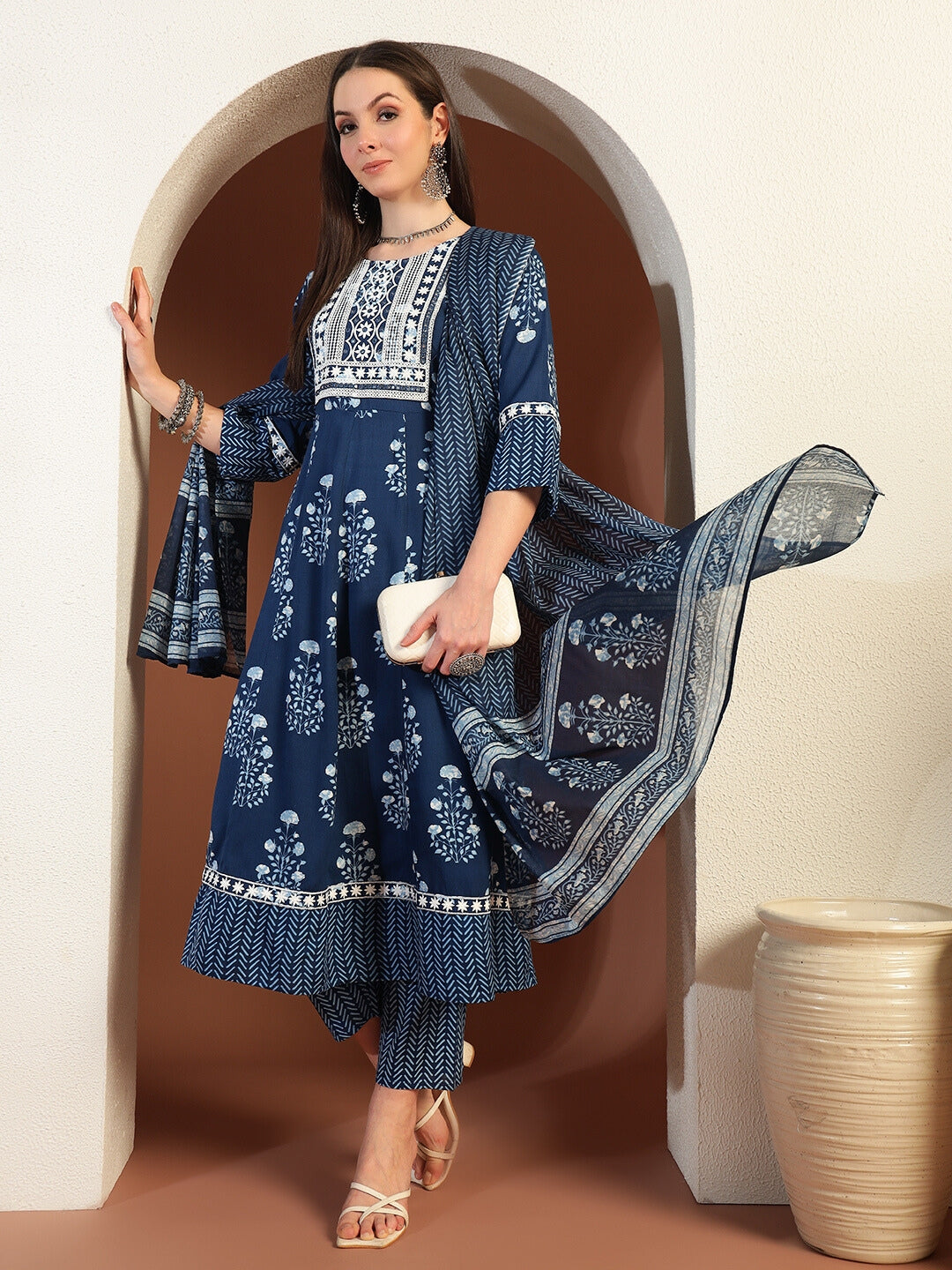 Chhabra 555 Resham Embroidered Flared Cotton Suit with Floral Block Print and Mirror Embellishments