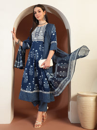 Chhabra 555 Resham Embroidered Flared Cotton Suit with Floral Block Print and Mirror Embellishments