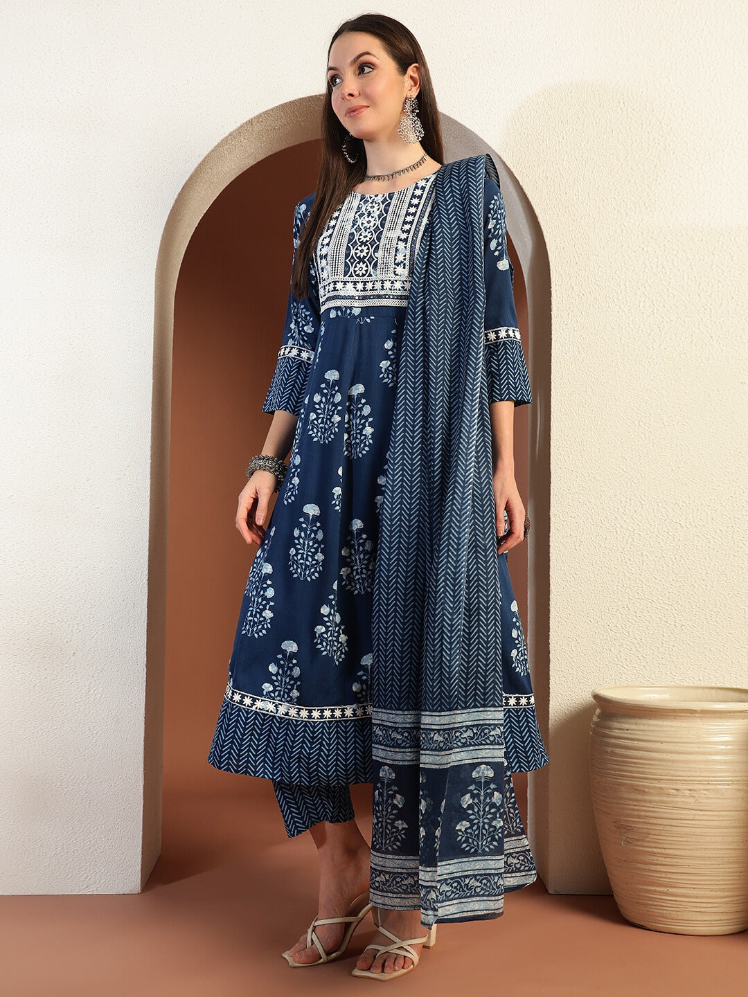 Resham Embroidered Flared Cotton Suit with Floral Block Print and Mirror Embellishments