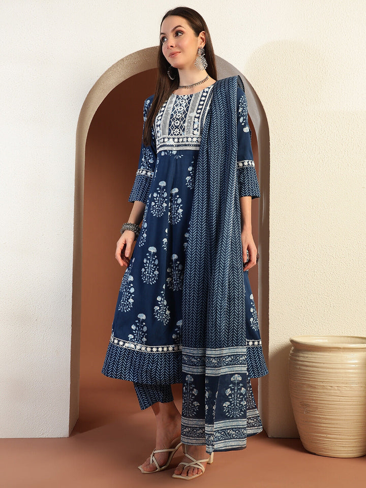 Resham Embroidered Flared Cotton Suit with Floral Block Print and Mirror Embellishments