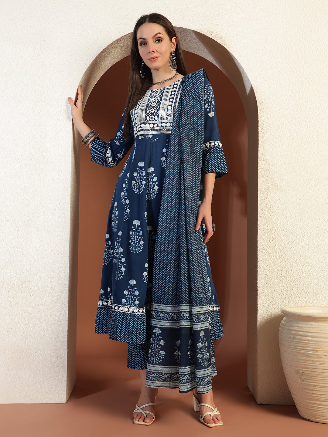 Resham Embroidered Flared Cotton Suit with Floral Block Print and Mirror Embellishments