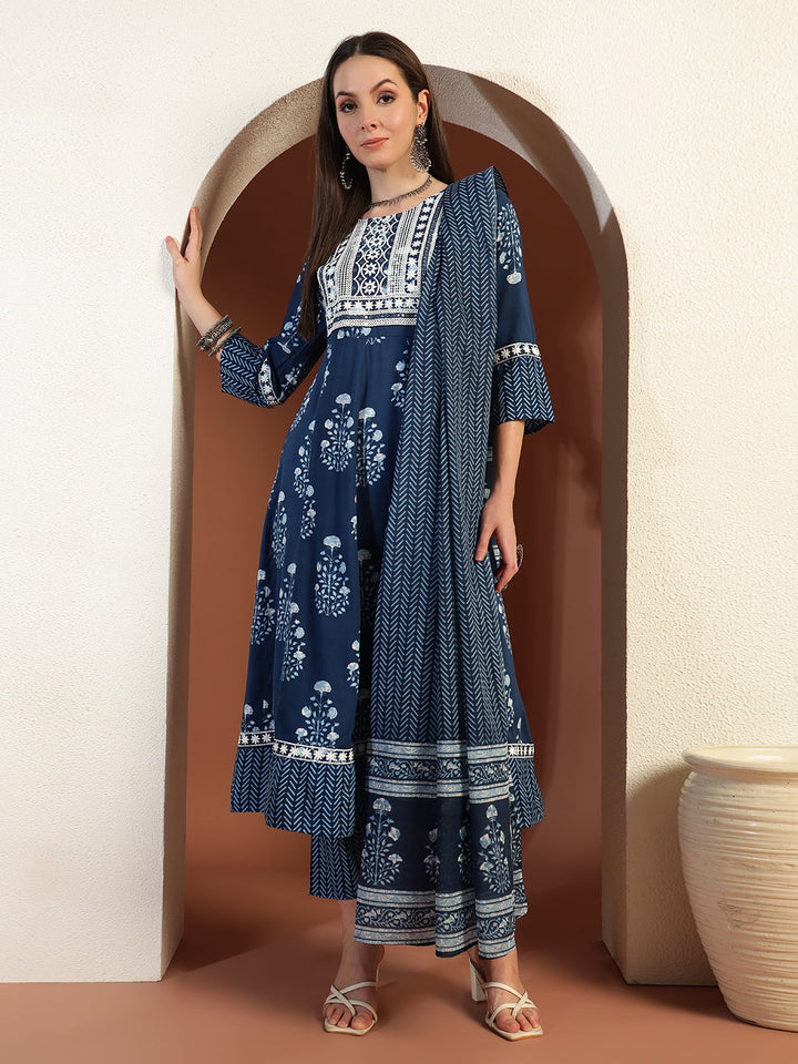 Resham Embroidered Flared Cotton Suit with Floral Block Print and Mirror Embellishments