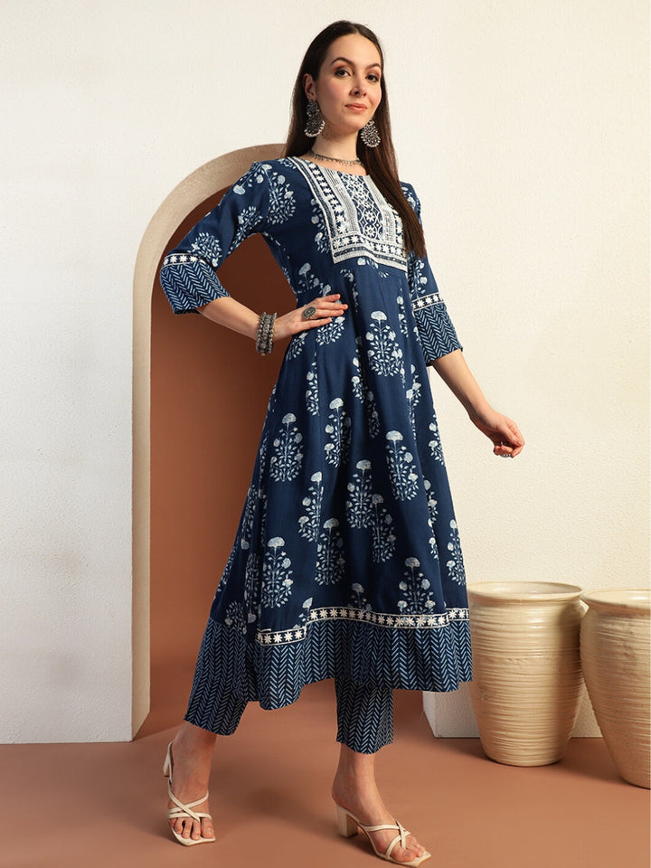 Resham Embroidered Flared Cotton Suit with Floral Block Print and Mirror Embellishments