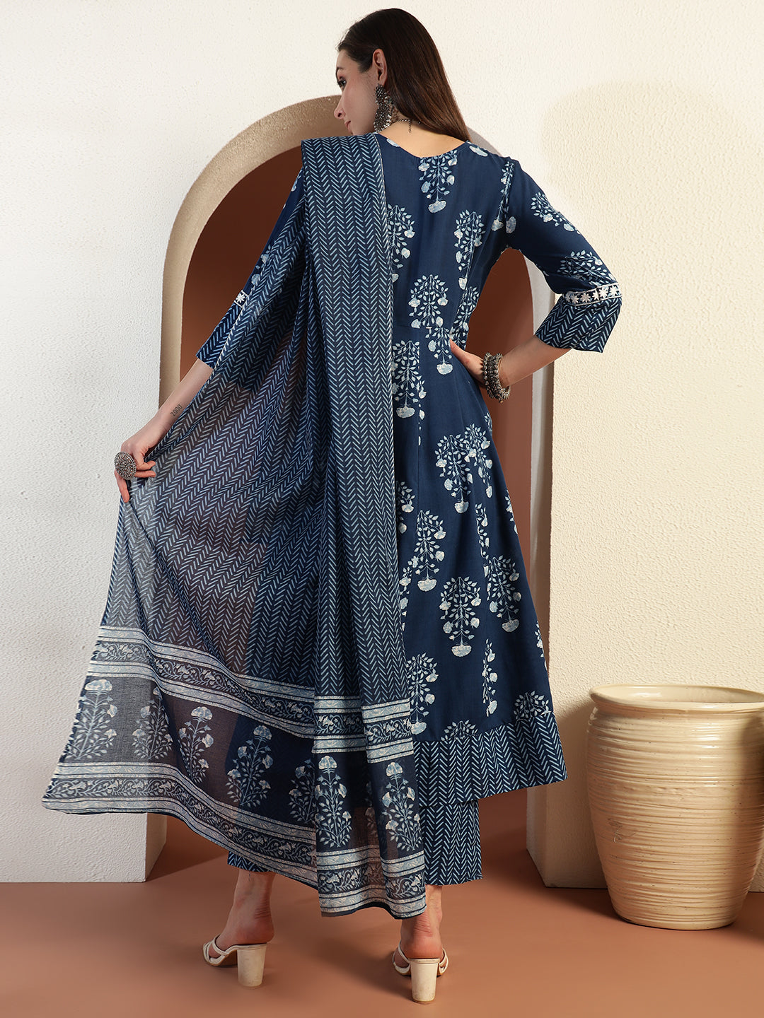 Resham Embroidered Flared Cotton Suit with Floral Block Print and Mirror Embellishments