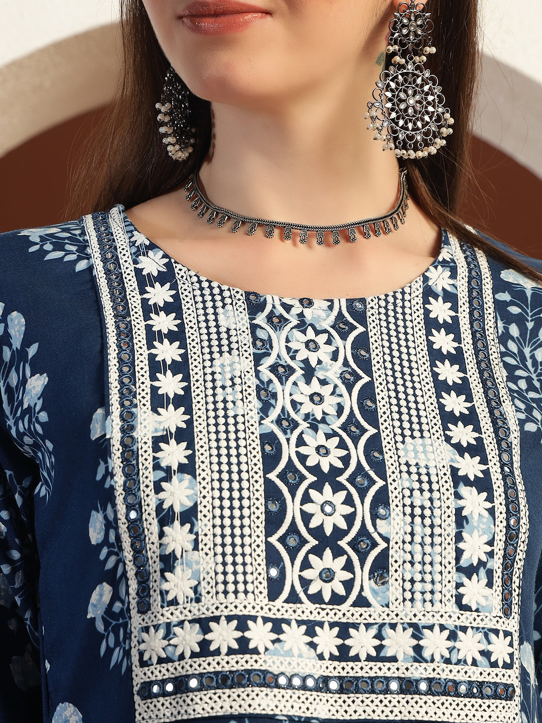 Resham Embroidered Flared Cotton Suit with Floral Block Print and Mirror Embellishments