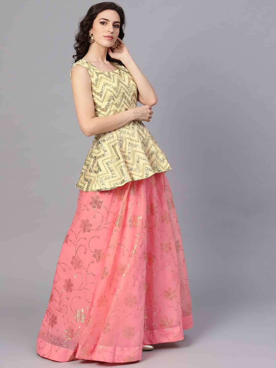 Peplum Crop Top Lehenga with Foil Print, Mirror Work